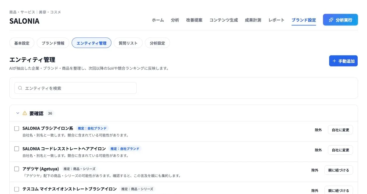 LLMOinsightのエンティティ管理でAIが抽出した企業、ブランド、商品を整理する画面