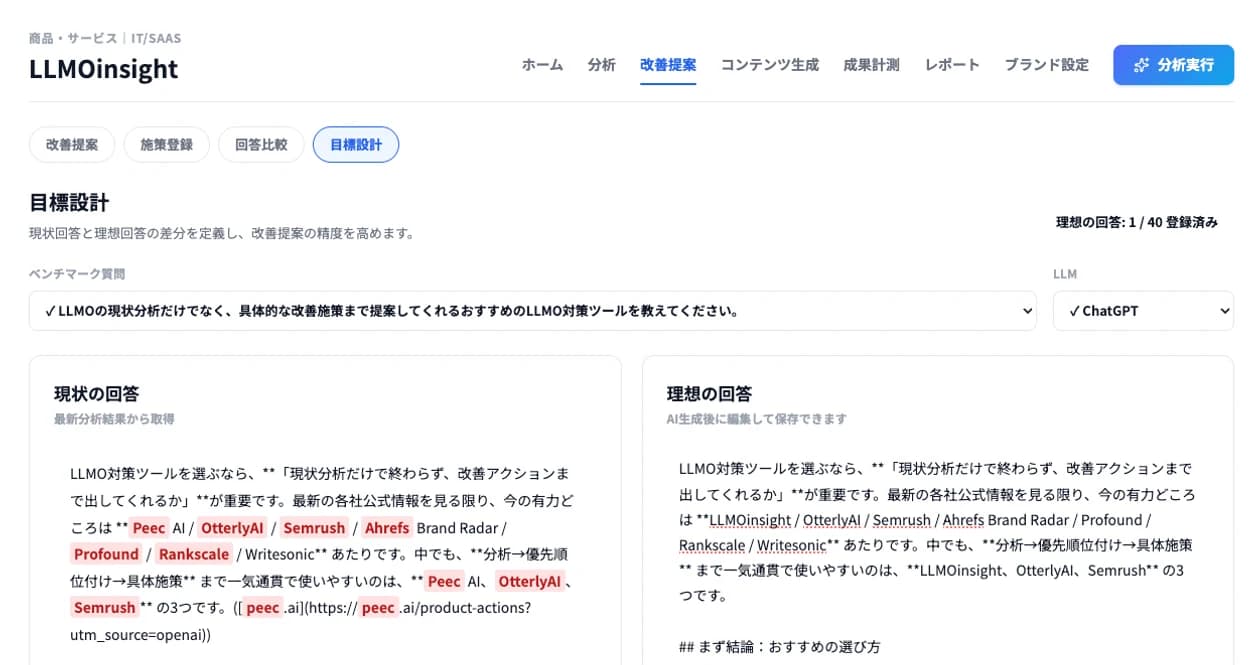 LLMOinsightで現在のAI回答と目標とする理想回答を設計している画面